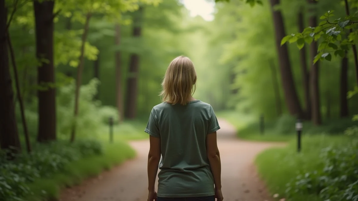 A recently divorced middle-aged woman pauses at a three-way woodland trail junction, calmly considering the diverging paths without any device