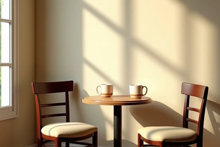 two empty cafe chairs beside a small round table with two plain ceramic cups, soft daylight and an ordinary welcoming interior