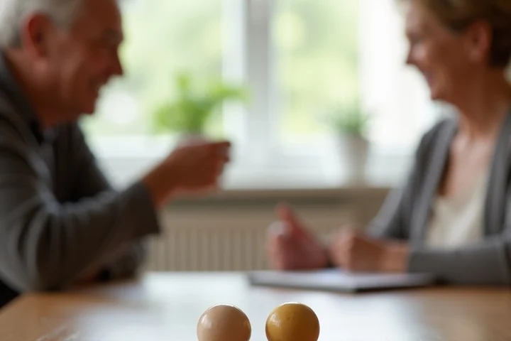 Two middle-aged adults choose between two unmarked ceramic tokens before beginning a relaxed conversation at a bright community-center table