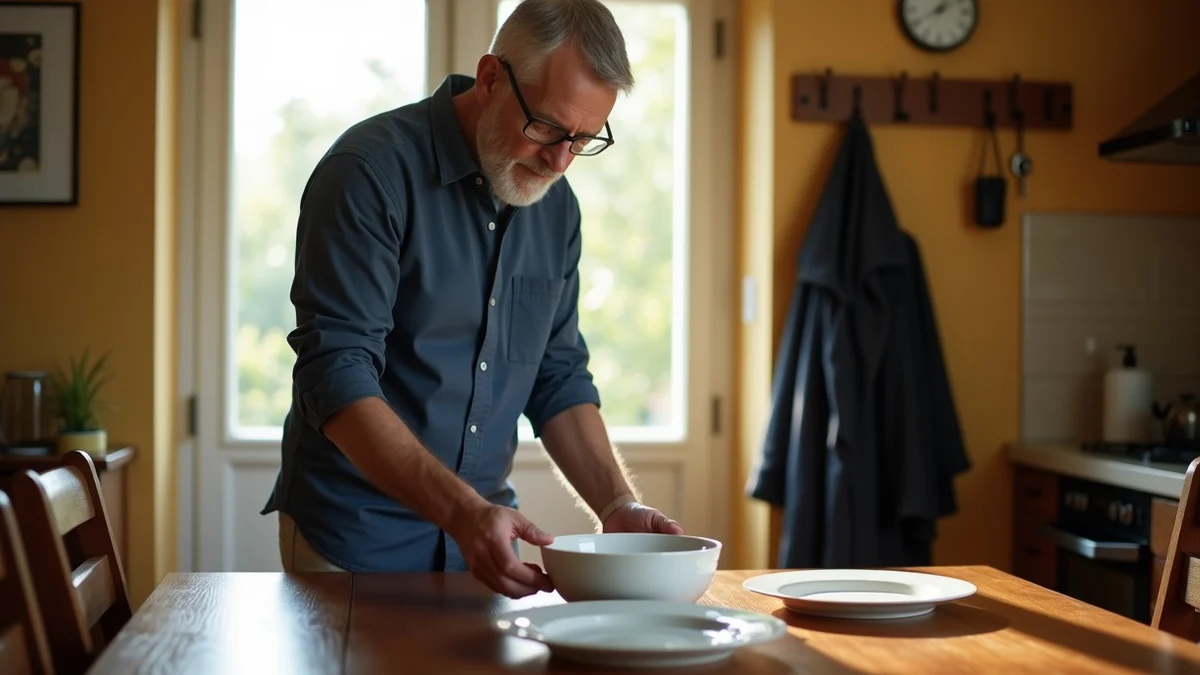 A middle-aged divorced man sets two plates and a serving bowl on a tidy dining table in his warm, lived-in home
