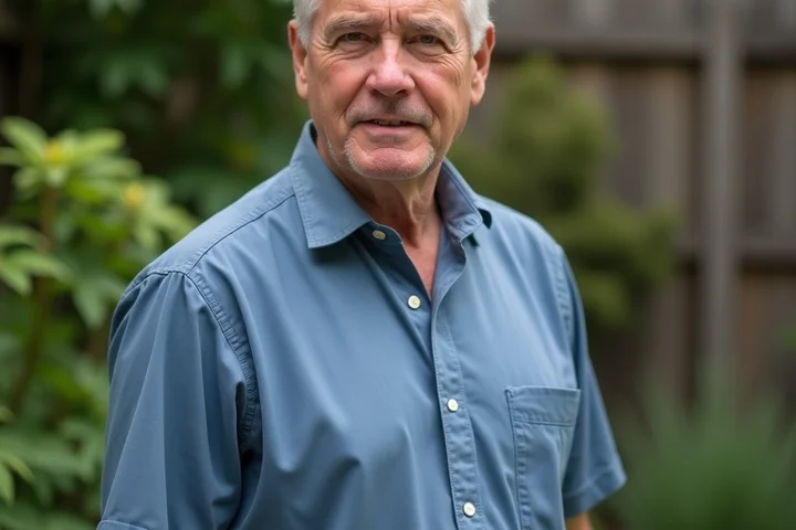 A thoughtful middle-aged divorced man stands in a quiet backyard garden, facing the camera with an open, composed expression and relaxed posture