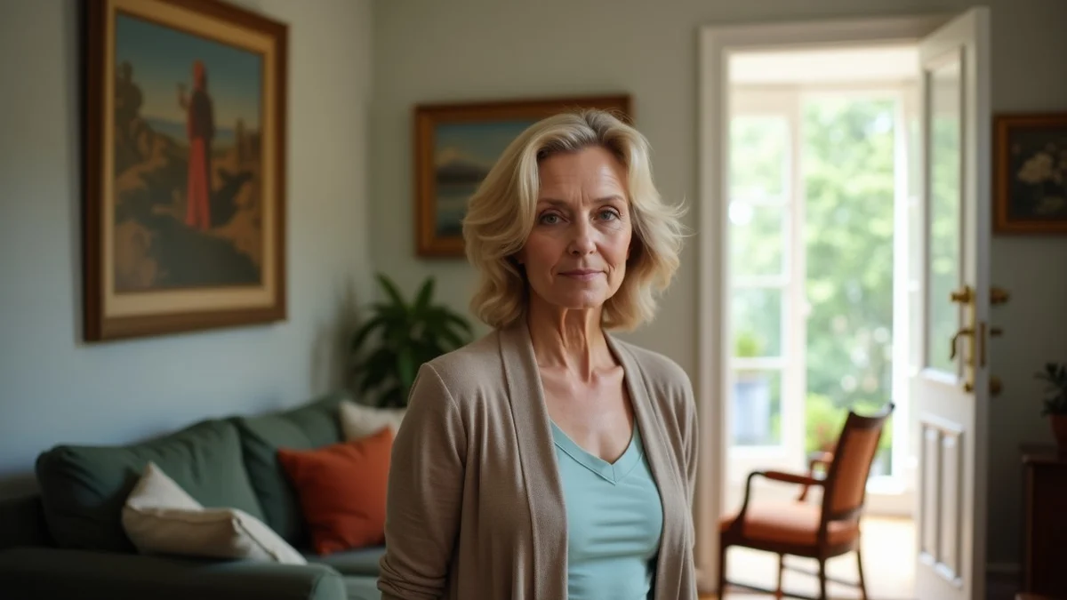 A middle-aged divorced woman faces the camera from a bright art-filled living room, composed and self-possessed rather than posed