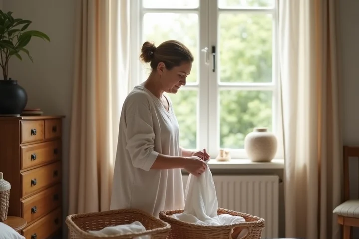 A middle-aged woman folds laundry into two woven baskets beside an open bedroom window in a calm, orderly home
