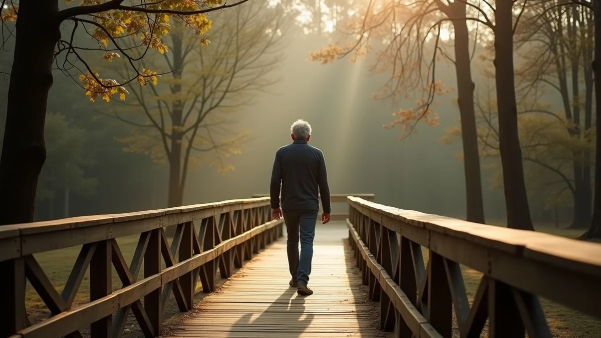 A solitary middle-aged adult walks steadily across a low wooden footbridge in a quiet woodland