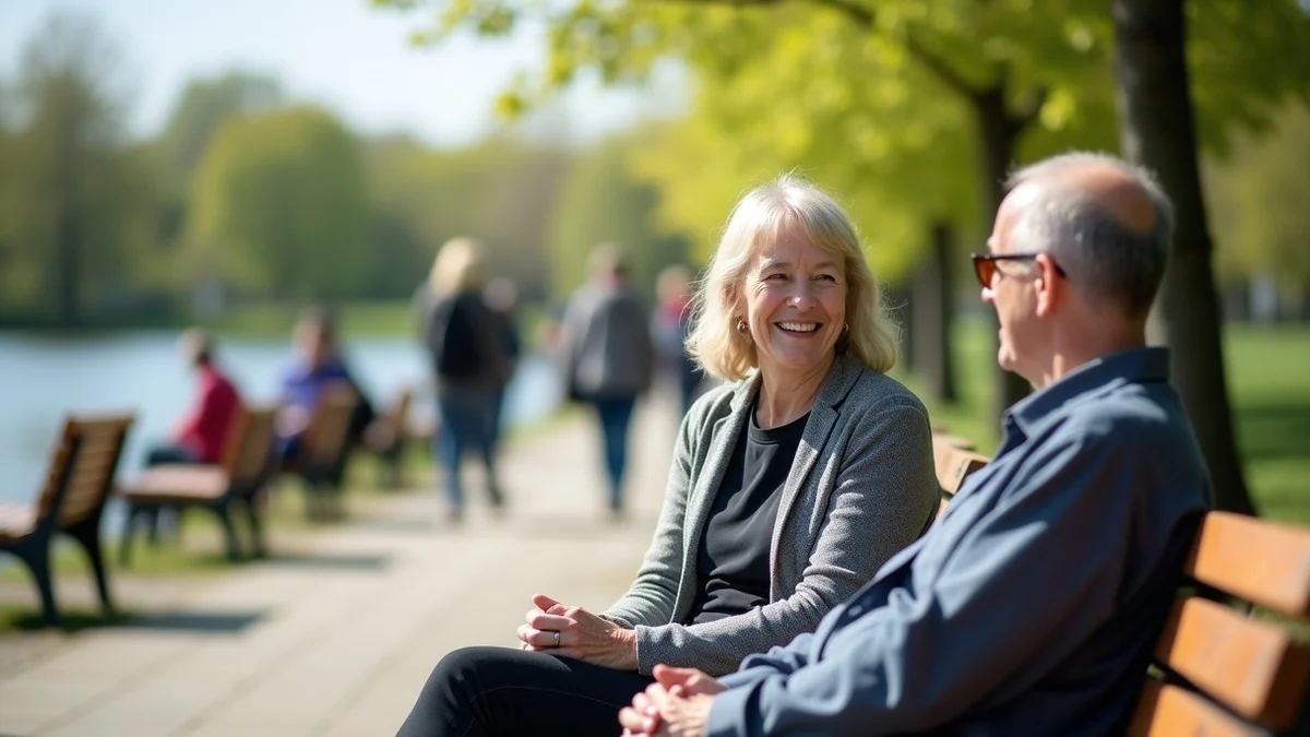 A middle-aged woman shares an easy laugh with a new acquaintance beside a lakeside walking-club meeting point