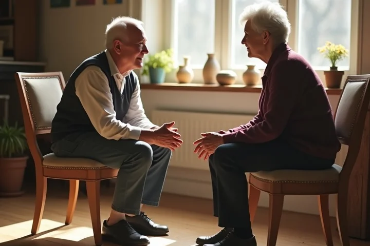 An older adult introduces themselves to one new acquaintance at a bright neighborhood art workshop