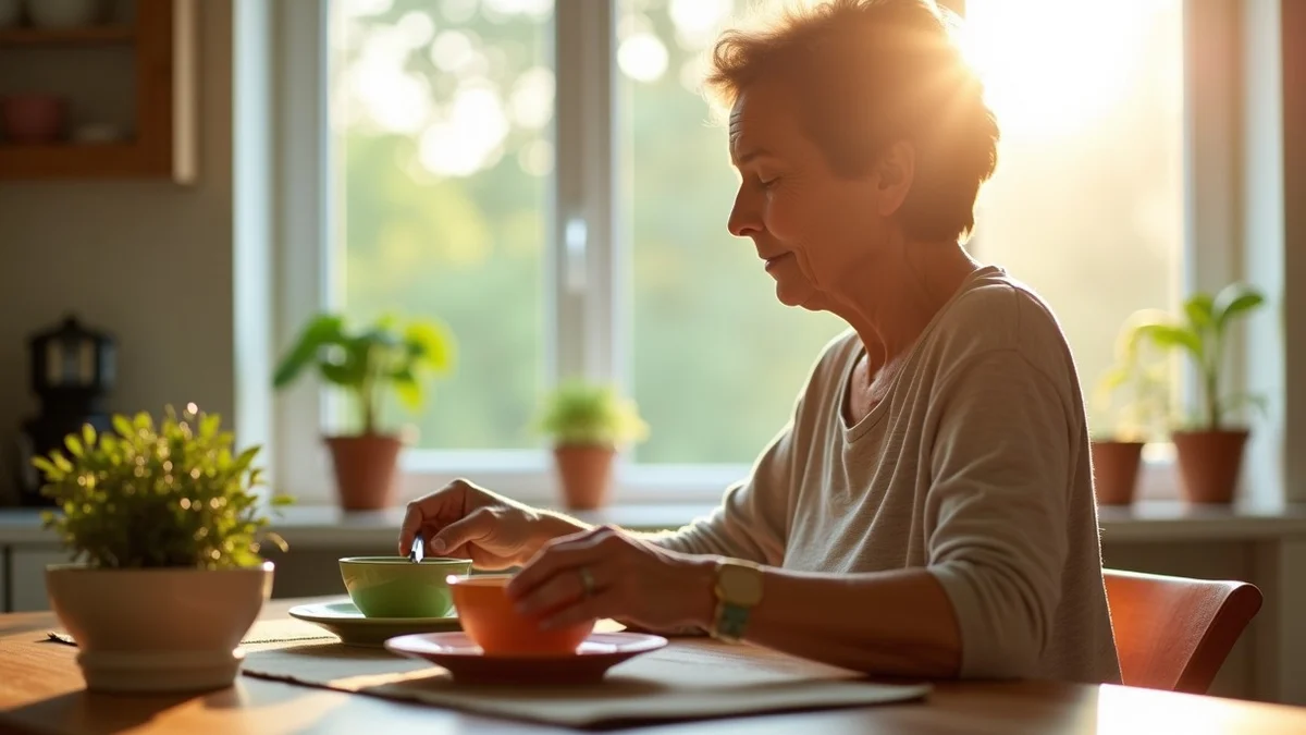 A middle-aged adult sets a single place at a sunlit kitchen table, choosing between two colorful ceramic bowls beside a small houseplant