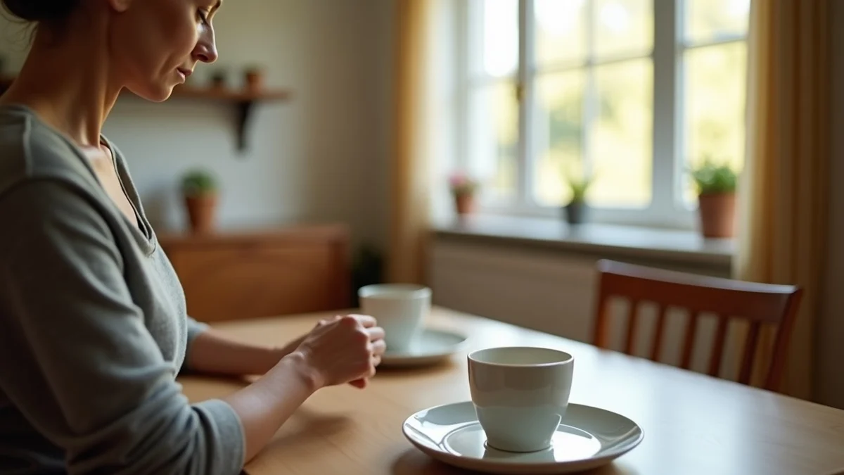 A middle-aged divorced woman clears one half of a familiar dining table and sets two fresh, mismatched plates for a new chapter