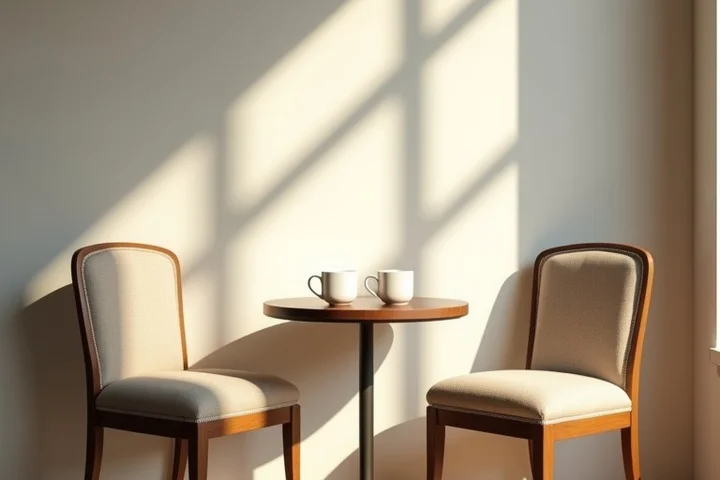 two empty cafe chairs beside a small round table with two plain ceramic cups, soft daylight and an ordinary welcoming interior