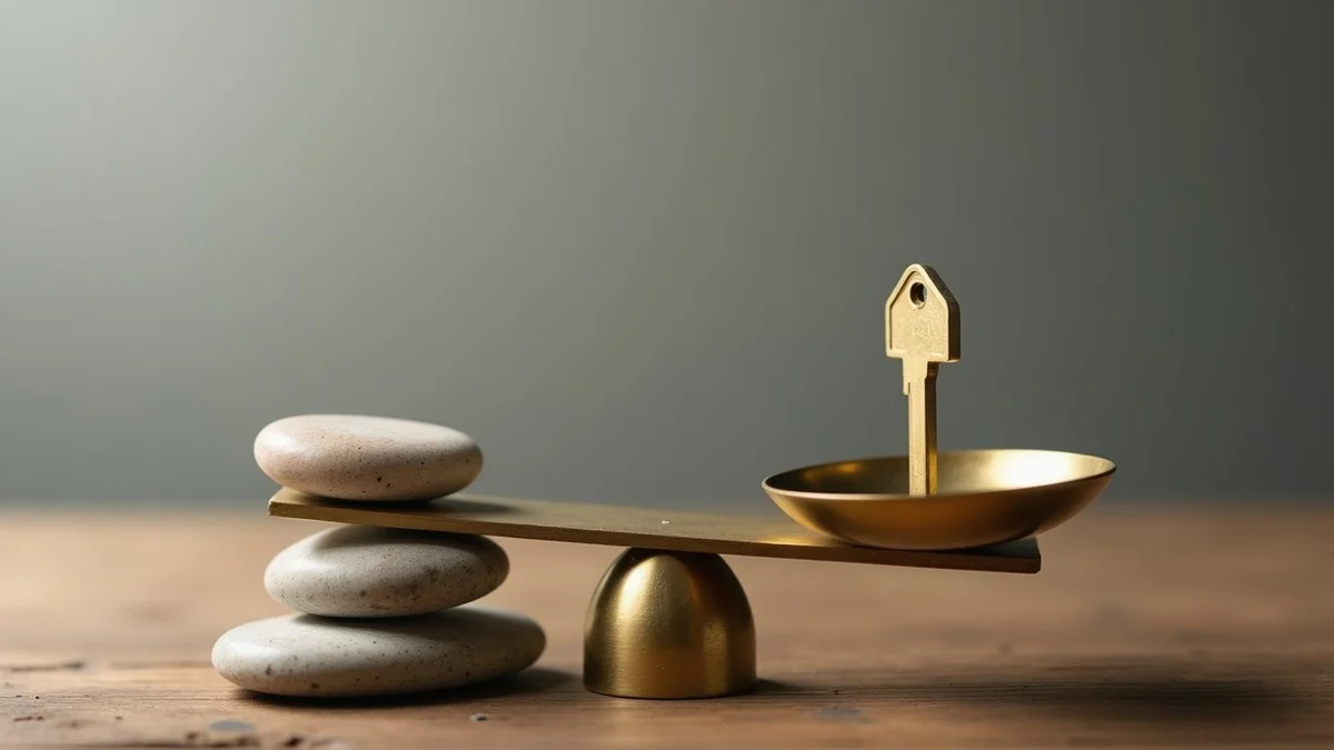 A brass balance scale holds a single house key opposite three smooth stones on a worn wooden table
