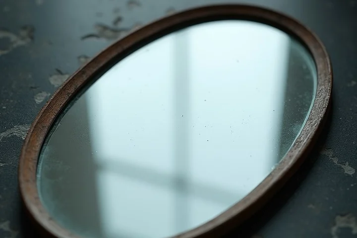 A fogged oval mirror rests on a dark stone tabletop, its center wiped clear while the edges remain blurred