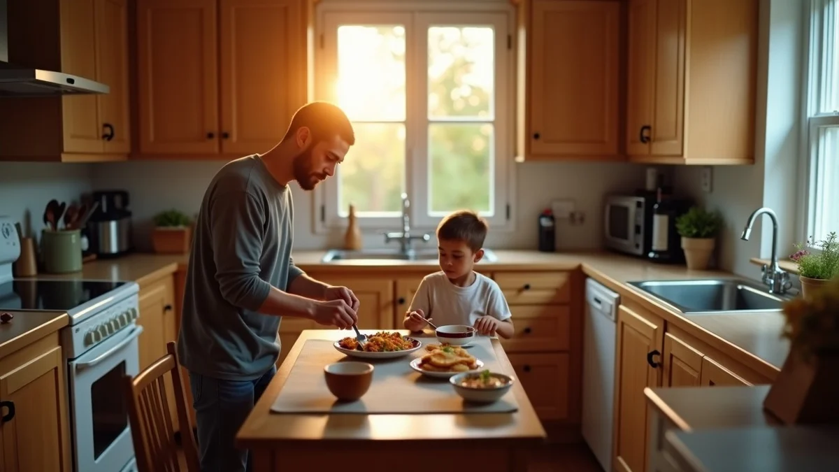 A divorced middle-aged father prepares a simple evening meal while setting one small place at a nearby child’s table in a tidy shared-home kitchen