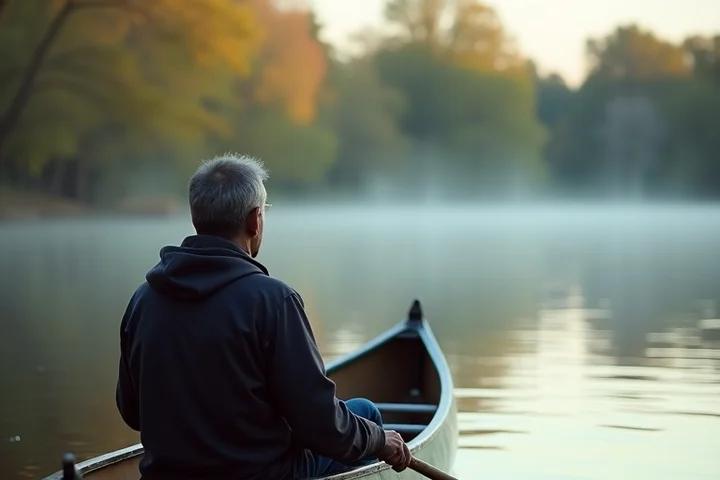 A divorced middle-aged man pauses after launching a solo canoe at a quiet riverside park