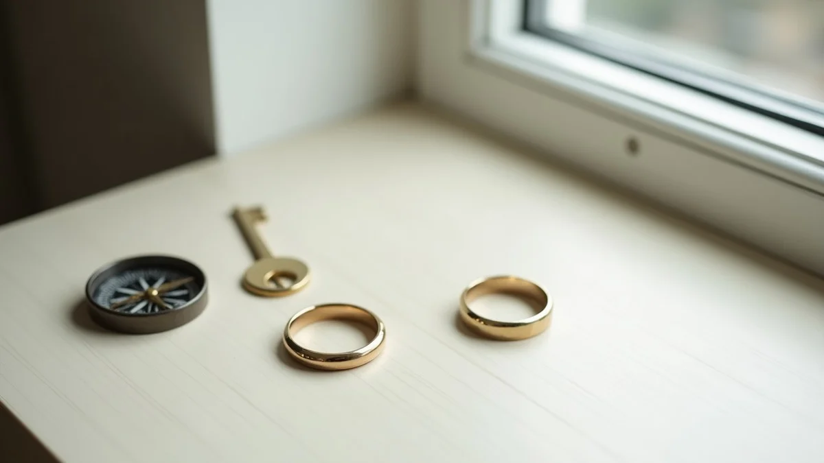 A wedding ring rests apart from a house key and a small brass compass on a pale wooden table beside a quiet window