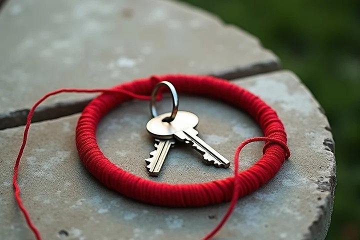 A house key lies inside a circle of red thread on a weathered stone garden table, while a second key remains clearly outside the boundary