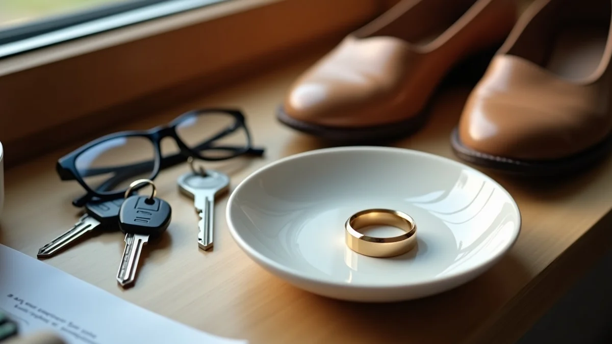 A set-aside wedding band rests in a shallow ceramic dish beside house keys, reading glasses, walking shoes, and a small bowl on a tidy entry console