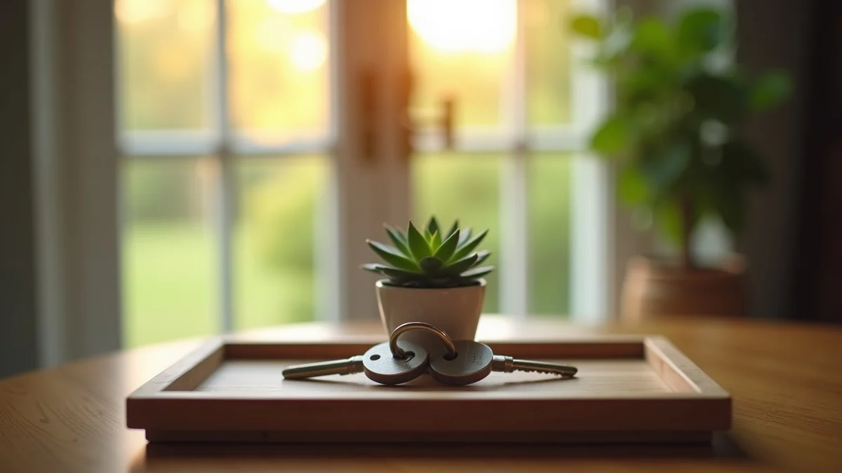 Two separate house keys on distinct simple rings rest on a wooden entryway tray