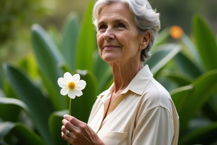 A confident divorced woman in her late 50s stands in a quiet botanical garden