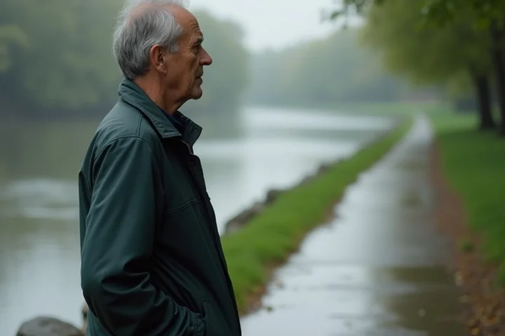 A middle-aged adult stands with relaxed shoulders on a quiet riverside footpath, looking steadily toward a clear path after rain