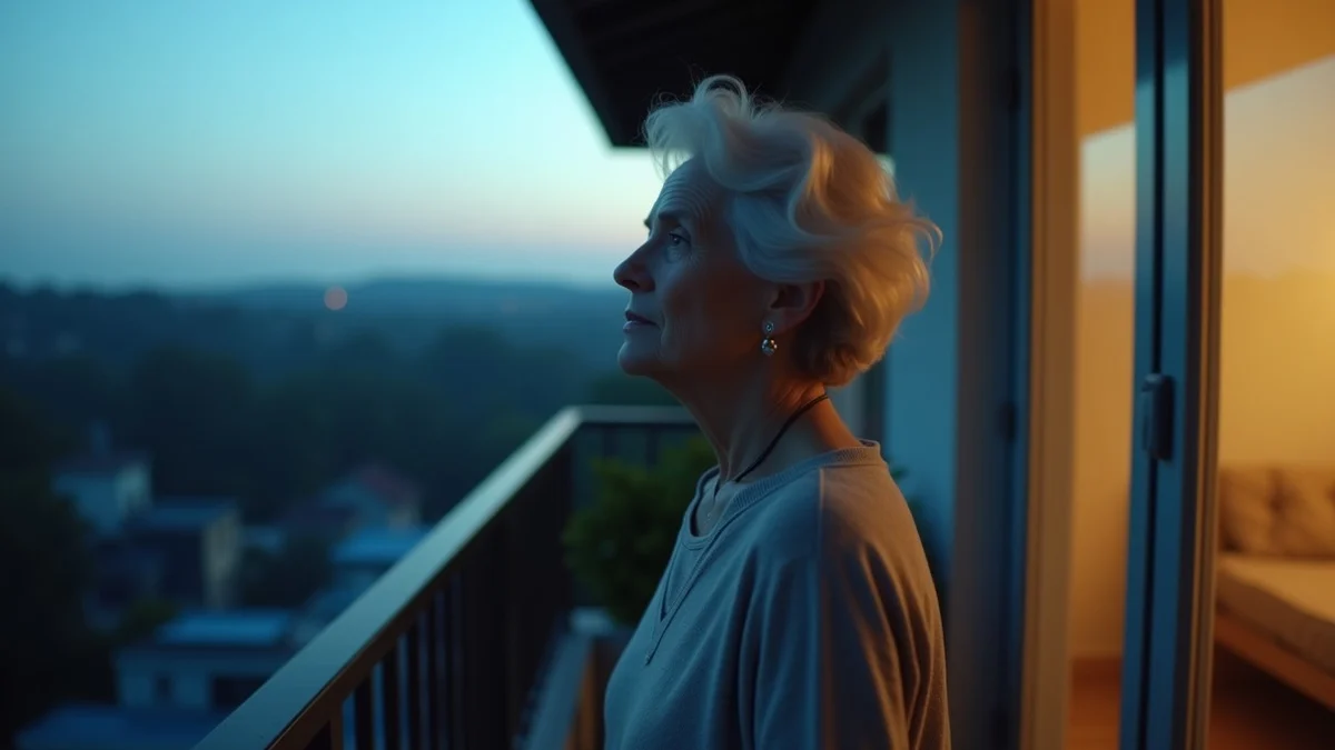 A woman in her early 60s stands on a covered apartment balcony at dawn, shoulders relaxed and gaze steady toward the open sky