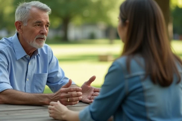A gray-haired man in his late 50s listens calmly while a woman across a neighborhood picnic table explains a changed plan