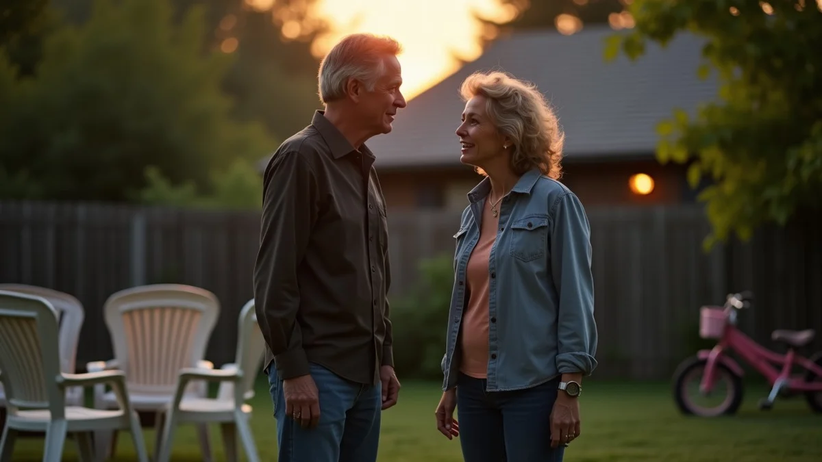 Two separated middle-aged adults stand a respectful distance apart at an evening family backyard gathering
