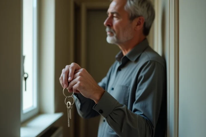 A thoughtful middle-aged person pauses in a narrow apartment hallway, waist-up portrait