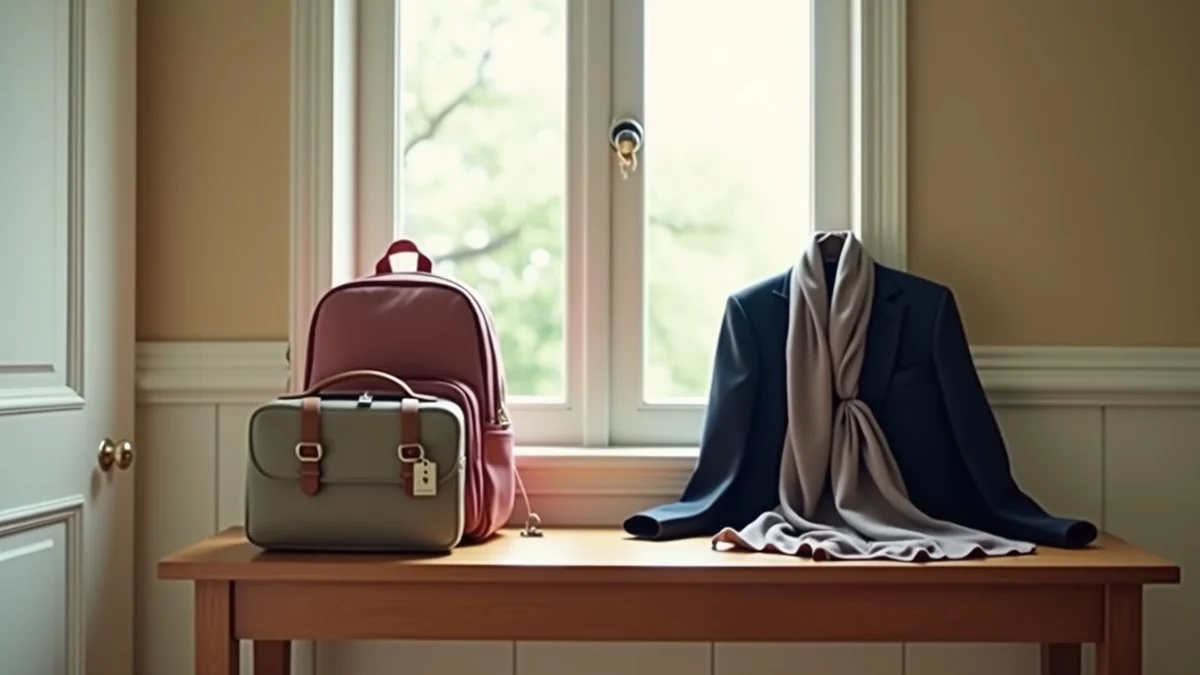 Two separate clusters of household objects sit on an entryway console: a child’s backpack, lunchbox, and house keys on one side