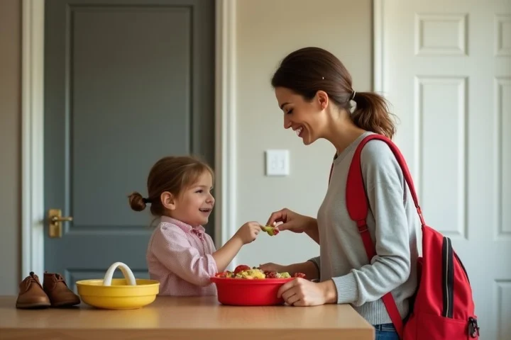 A composed middle-aged parent prepares a child’s lunch at a bright kitchen counter, with a lunchbox, school shoes