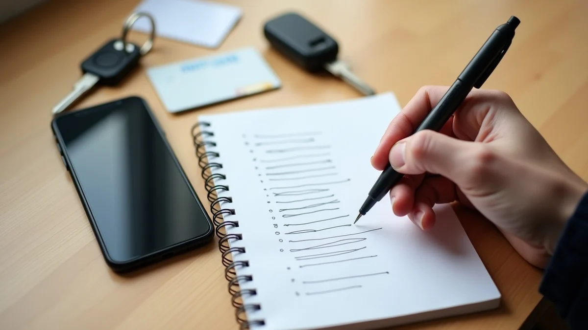 A hand places a pen beside a closed phone, house key, transit card, and small notebook marked only with abstract lines on a plain kitchen table