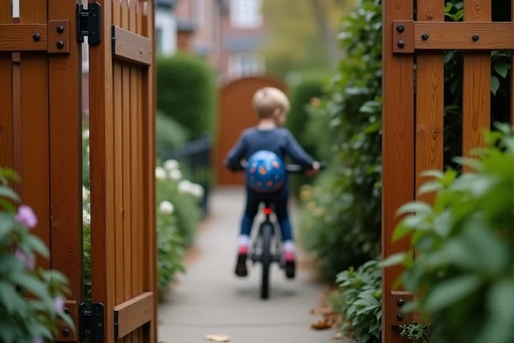 A closed wooden garden gate with a secure latch separates a private townhouse yard from a public sidewalk