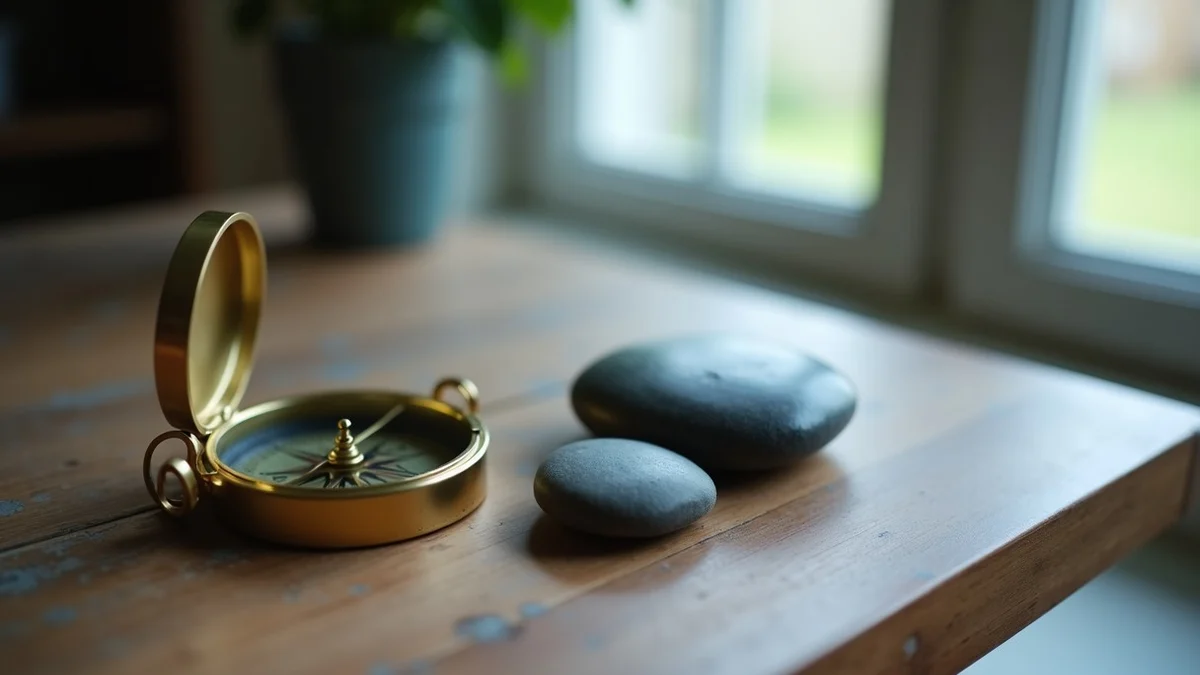 A brass compass rests beside two smooth stones on a weathered oak table