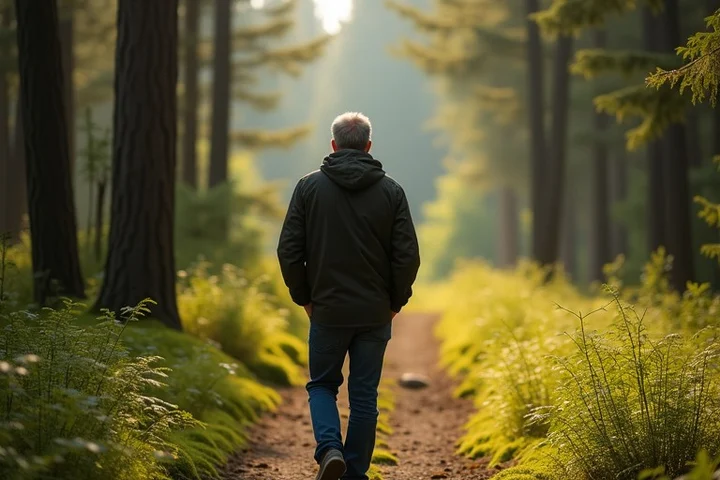 A middle-aged adult pauses at a fork in a wooded walking trail, shoulders relaxed while considering two routes instead of retreating from uncertainty