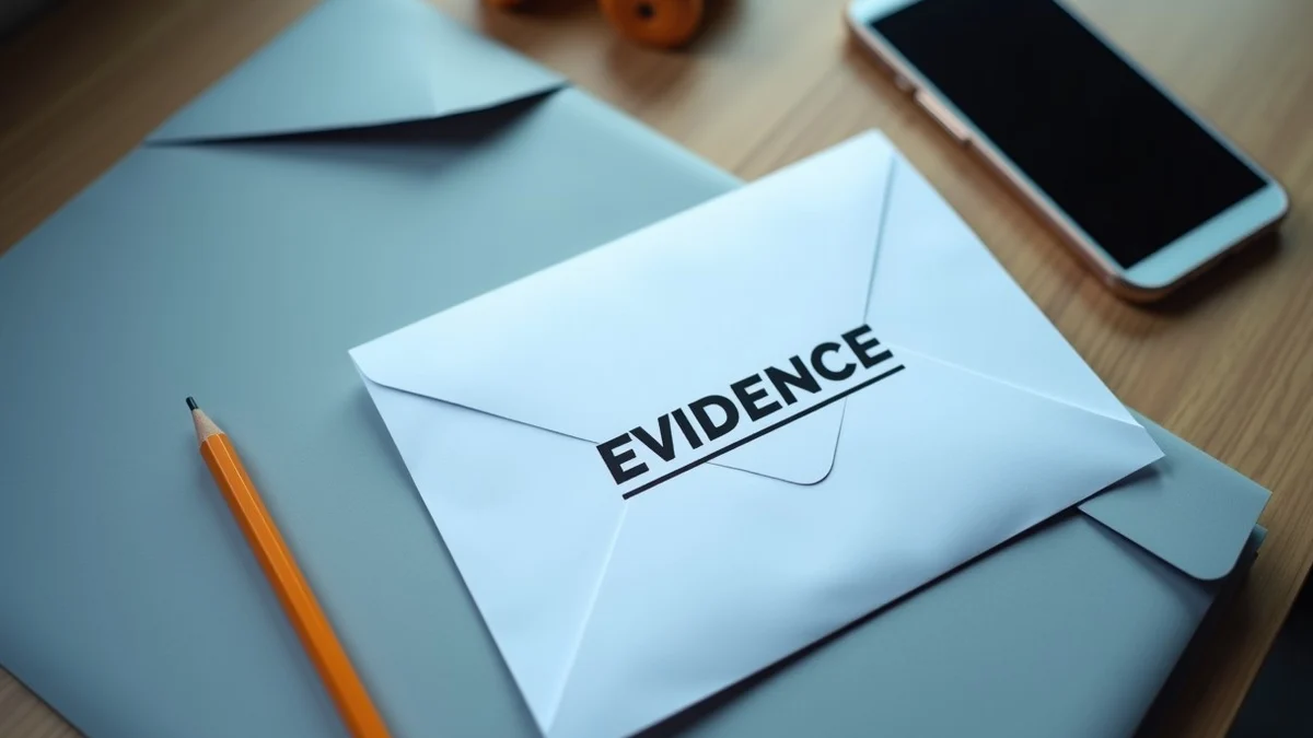 An unmarked evidence envelope is placed into a plain folder beside a pencil and a face-down phone on a quiet home office table