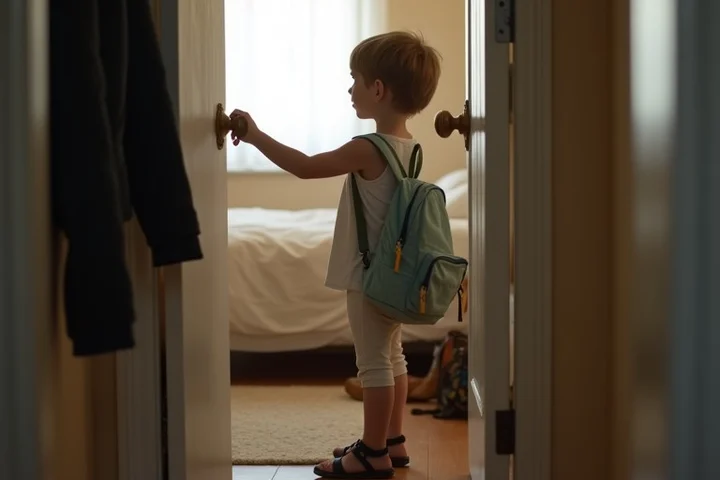 A closed interior doorway separates a child’s backpack and art supplies inside a calm bedroom from an adult’s coat and shoes outside