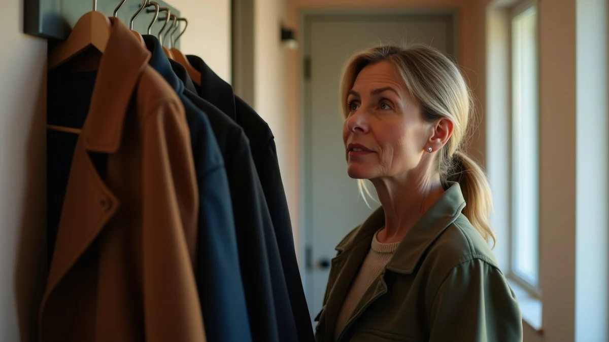 A composed middle-aged woman chooses between two different jackets on separate coat hooks in a quiet apartment hallway