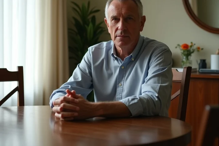 A middle-aged divorced man sits at a round dining table with two empty chairs spaced apart