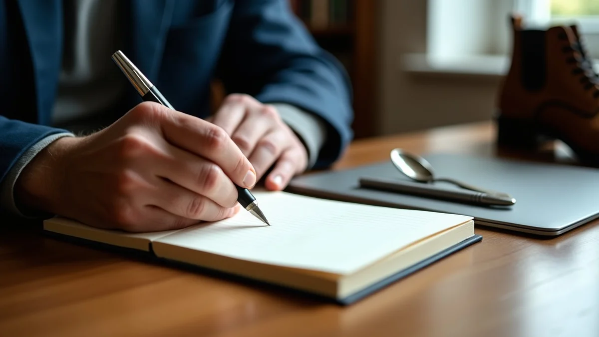 A middle-aged man’s hands arrange a fountain pen, closed journal, house key, walking shoe, and cooking spoon on a quiet library writing desk
