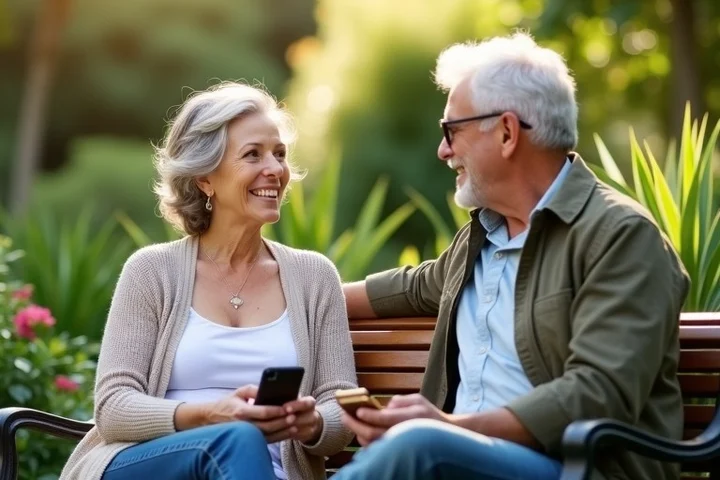 A woman in her 50s and a man in his early 60s share an easy conversation on a bench in a sunlit botanical garden