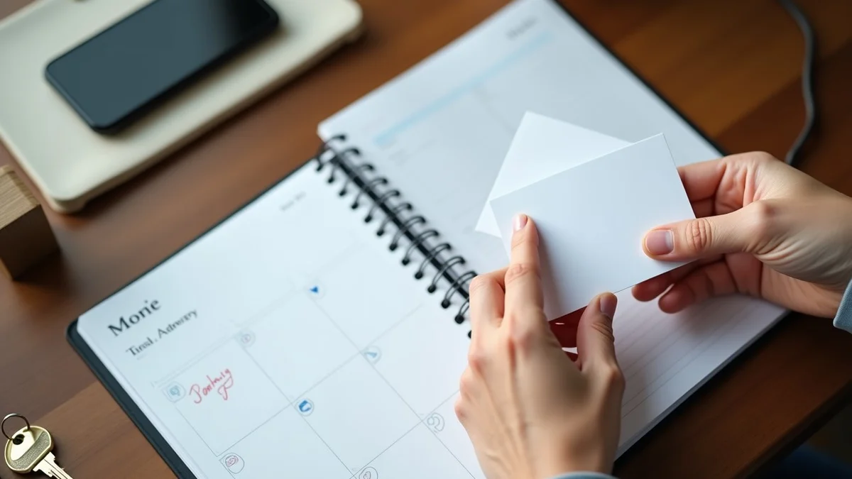 A mature adult’s hand arranges three blank profile cards beside a house key, a weekly planner with only abstract marks