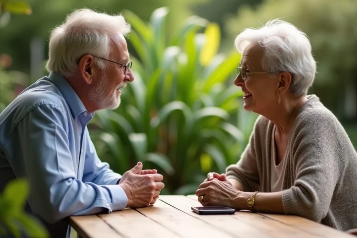 Two middle-aged adults share an unhurried, open conversation at a wooden table in a quiet community garden