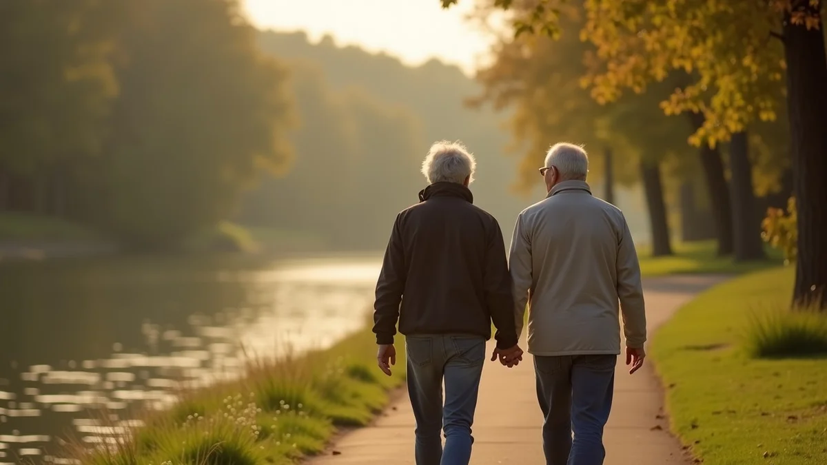 Two middle-aged adults walk side by side on a quiet riverside trail