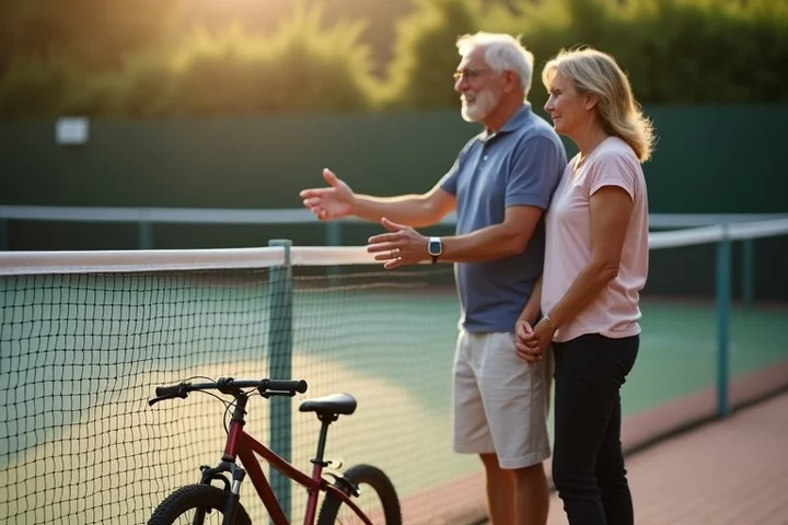 A middle-aged woman and man pause beside a public tennis court as one calmly gestures toward a child-sized bicycle leaning on the fence