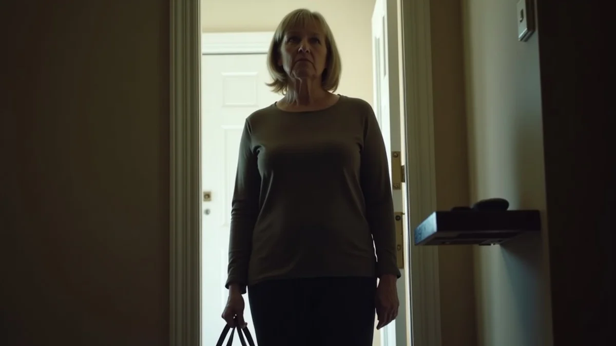 A thoughtful middle-aged woman stands alone in a quiet apartment doorway