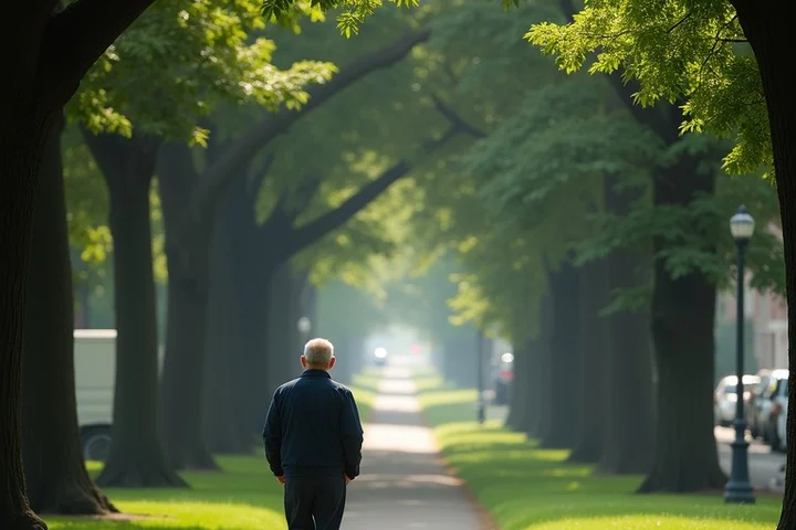 A middle-aged man walks along a tree-lined park path where a second path branches away toward a distant residential street