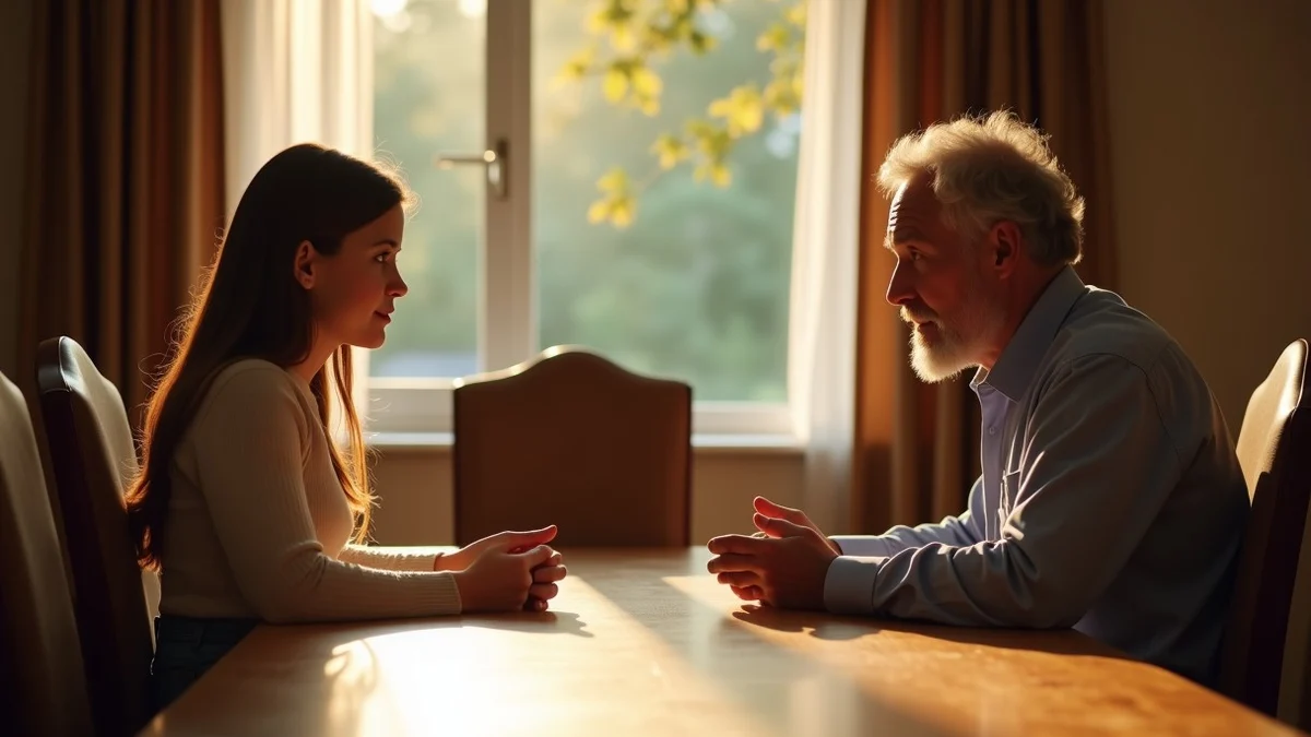 A middle-aged father and his adult daughter share a calm conversation at opposite sides of a long dining table