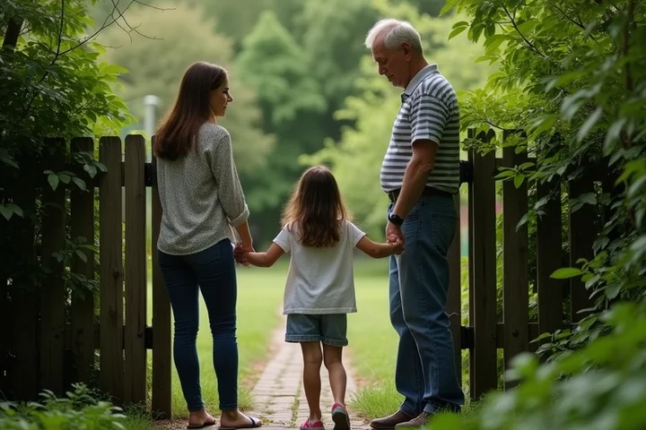 An adult daughter pauses at a garden gate while her middle-aged father tends a young tree on the other side, expressing protective concern