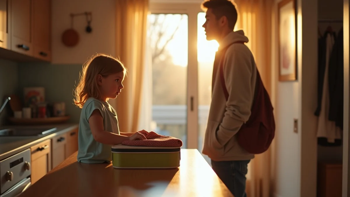A parent places a child's lunchbox beside a folded school sweater on a tidy kitchen counter