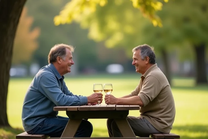 Two adults in their forties greet each other beside a public park picnic table, beginning a relaxed early date away from the household routine