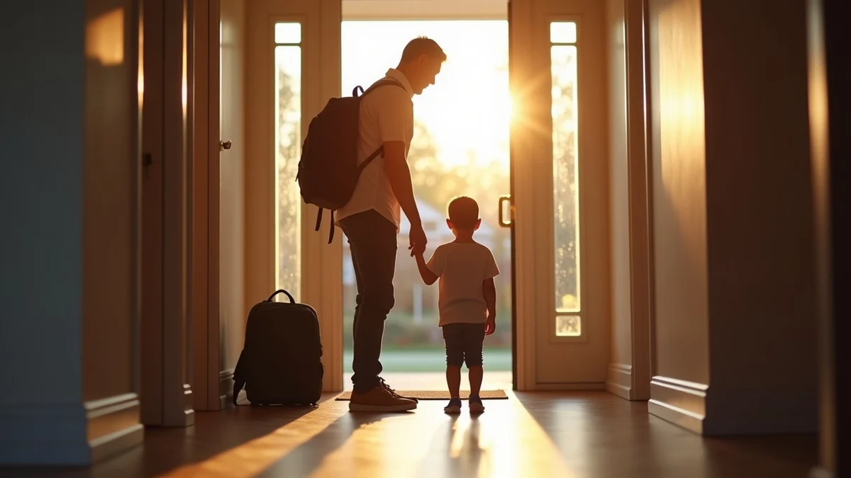 A mature parent places a child’s backpack beside a small overnight bag at a tidy home entryway